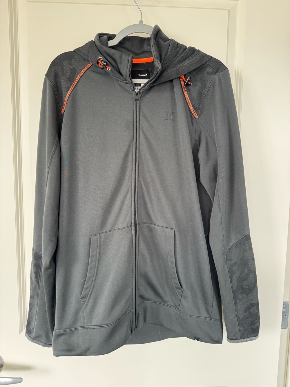 Hurley Charcoal Zip-Up Hoodie with Orange Trim and Camo Accents